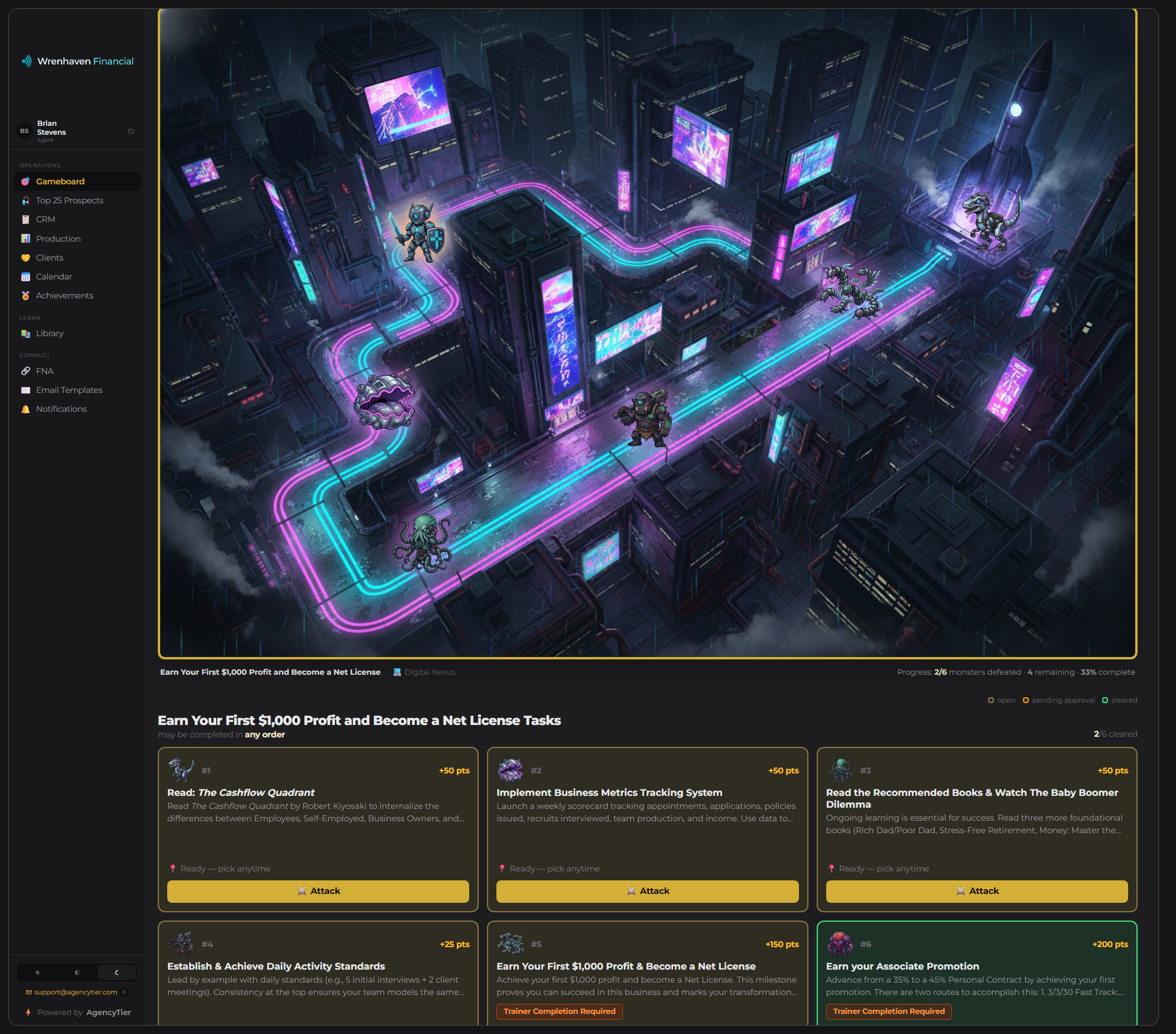 The AdvisorQuest board with its task list — agency training tasks such as reading The Cashflow Quadrant, implementing business metrics tracking and earning an associate promotion, each shown as a monster on the board with points and an attack action